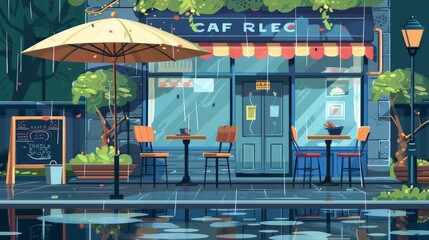 Fototapeta na wymiar This modern cartoon illustration depicts a city street cafe on a rainy day. The cafeteria facade has furniture outside, umbrellas with dew on them, and water puddles that collect on the sidewalk.