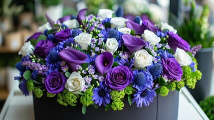   A bouquet of purple and white flowers sits on a table next to a pot of succulents