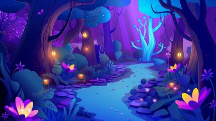 Fototapeta na wymiar A magical forest cartoon game landscape modern illustration. Background of a fairy tale fantasy nature scene with a path, flowers and fireflies. Beautiful visual of a mysterious woodland setting.