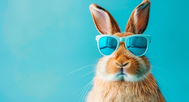 Stylish Bunny: Brown Rabbit in Blue Sunglasses on a Blue Background