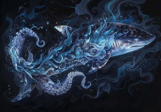 Imaginative portraits of marine predators like sharks, octopuses, or eels, portrayed in shadowy depths with bioluminescent accents and swirling, surreal patterns, reminiscent of creatures from the dep