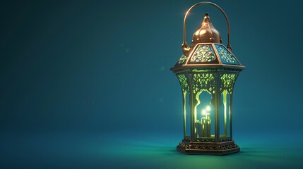 An elevated view of metal fanoos, fans, or Ramadan lanterns lighting a green light in 3D illustration isolated on a blue background. Islamic holiday decorations.
