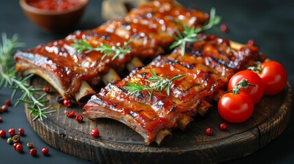   A wooden cutting board holds ribs coated in BBQ sauce, garnished with fresh herbs and tomatoes - obrazy, fototapety, plakaty