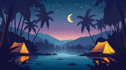 Tent in tropic palm tree forest modern background during summer night. Cartoon illustration of the moon and stars in the sky. Outdoor adventure lifestyle in a wild park near river water. - obrazy, fototapety, plakaty
