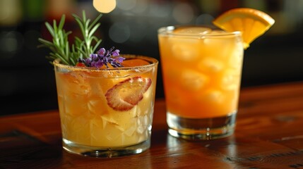   A tight shot of two glassware holding drinks on a table Oranges slices decorate one, while a rosemary sprig graces the other as garnishes