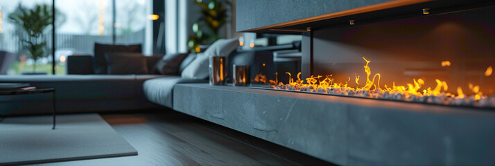 Close-up of a sleek and modern fireplace in a contemporary living room, hyperrealistic photography of modern interior design
