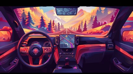 Graphite cartoon illustration of vehicle dashboard with forest road view through windshield, GPS navigation unit, mountains on horizon, travel by automobile.