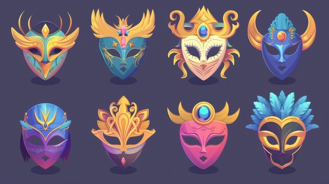 Animated carnival masks for masquerades or costume festivals. Modern illustration set with traditional masks and disguises for theater and Mardi Gras or Halloween entertainment.