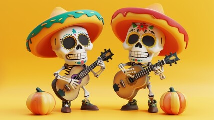 Beautiful skeleton set isolated on yellow background. One with guitar, the other without.