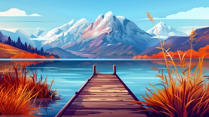 The view of orange and brown grass, bushes, and trees on the pond shore in autumn is represented by a wooden pier on the lake at the foot of a mountain with snow-covered peaks. Cartoon modern - obrazy, fototapety, plakaty