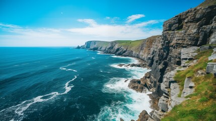 Fototapeta na wymiar Majestic coastal cliffs rise high, overlooking the vast expanse of the deep blue sea, commanding a breathtaking view of nature's grandeur. 
