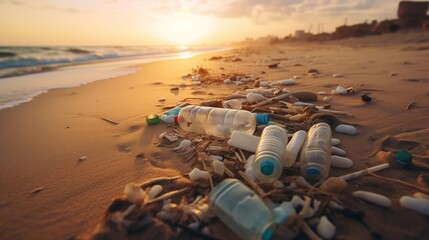 Pollution on sandy beach plastic waste scattered, raising environmental concerns about the impact on marine ecosystems and coastal communities.
