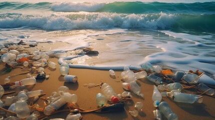 Pollution on sandy beach plastic waste scattered, raising concerns about environmental impact and the need for effective waste management solutions.
