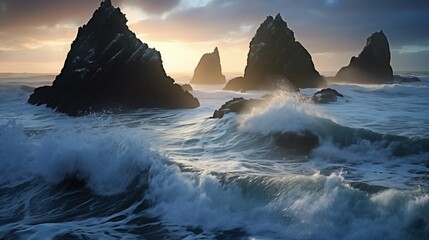 At dusk, waves crash dramatically against coastal sea stacks, painting a picturesque scene of nature's raw power and beauty.
