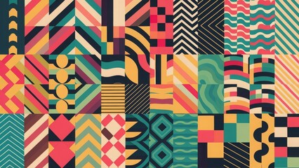  A collection of vibrant abstract geometric patterns and textures in various colors, perfect for use as backgrounds or design elements in digital projects