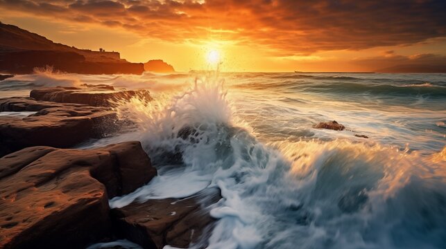 Waves crashing against the rocky shore under the golden hues of the setting sun, painting a scene of nature's mesmerizing beauty.
