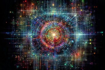 Fototapeta premium A fantastical, visually captivating digital illustration depicting a radiant, multicolored vortex or portal surrounded by intricate, detailed cyberpunk-inspired technological elements.