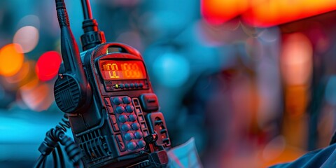 Close-up on a walkie-talkie set on an emergency plan, vivid colors, sharp focus - - obrazy, fototapety, plakaty