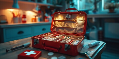 Detailed view of a first-aid kit open, items inside neatly organized, soft lighting  - obrazy, fototapety, plakaty