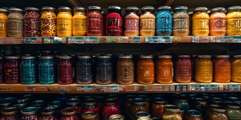 Organized shelf of canned food for emergency, close-up, clear detail, cool hues - obrazy, fototapety, plakaty