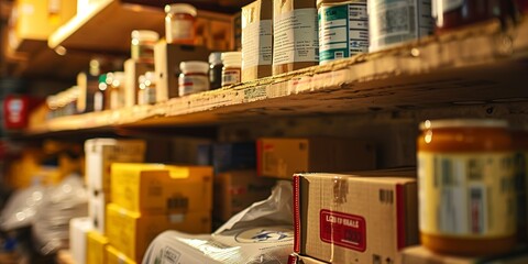 Emergency supplies in labeled boxes, close-up, high contrast, bright lighting 