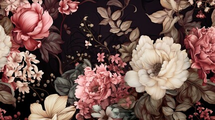 A detailed close up of a vintage flower pattern on a black background, showcasing intricate petals and textures. Generative AI