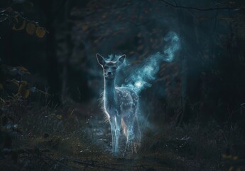 Photographs of forest-dwelling animals like deer, bears, or foxes, enveloped in an atmosphere of mist and shadow, with surreal elements like glowing mushrooms or spectral wisps, creating an eerie yet 