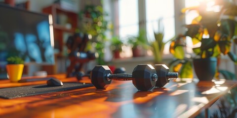Desk with a small dumbbell set on one side, motivational, close-up, bright light  - obrazy, fototapety, plakaty