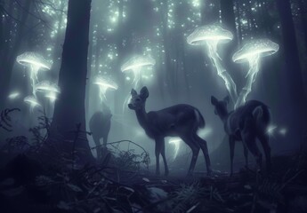 Photographs of forest-dwelling animals like deer, bears, or foxes, enveloped in an atmosphere of mist and shadow, with surreal elements like glowing mushrooms or spectral wisps, creating an eerie yet 