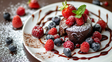 Chocolate lava cake in plate with berry fruit