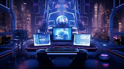 A futuristic digital workstation overseeing the functions of a highly advanced robot against a backdrop of glowing digital displays and neon lights. - obrazy, fototapety, plakaty