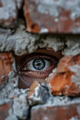 an eye peering through a hole in a brick wall