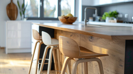 Close-up of a sleek and modern kitchen island with bar stools, modern interior design, scandinavian style hyperrealistic photography