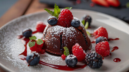 Chocolate lava cake in plate with berry fruit