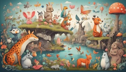 A Whimsical Scene Featuring Cartoon Animals And Fa2