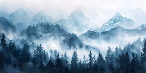 Misty Mountain Peaks Shrouded in Ethereal Fog Serene Wilderness Landscape Inviting and Contemplation