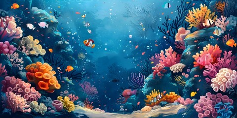 Fototapeta na wymiar Vibrant Underwater Coral Reef Teeming with Diverse Marine Life and Colorful Fish