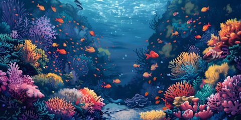 Fototapeta na wymiar Vibrant Underwater Coral Reef Teeming with Diverse Marine Life in a Lush Colorful Seascape