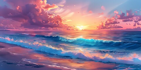 Breathtaking Sunset Over Tranquil Tropical Beach with Crashing Waves and Vibrant Sky Reflections - obrazy, fototapety, plakaty