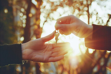 The real estate agent hands the keys to the buyer. close-up of the hands against the backdrop of the house and sunlight - obrazy, fototapety, plakaty