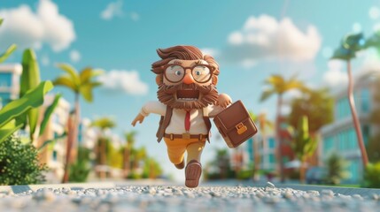 Animated Businessman Running on Sunny Tropical Street - obrazy, fototapety, plakaty