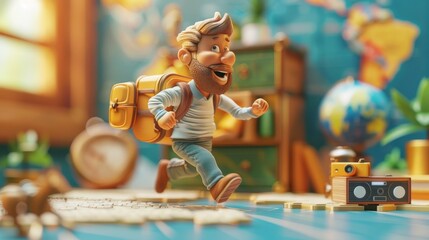 Excited 3D Animated Traveler in Tropical Destination - obrazy, fototapety, plakaty