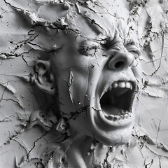 Angry Man Sculpture.  Generated Image.  A digital rendering of a sculpture displaying the face of an angry man.
