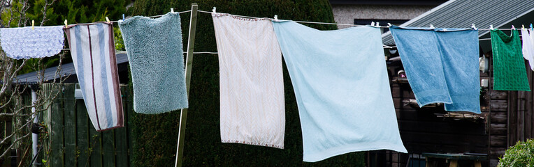 Washing line with towels drying in the garden