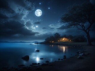 "Midnight Serenity: Moonlit Tranquility in Darkened Skies"