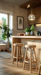 Close-up of a sleek and modern kitchen island with bar stools, scandinavian style interior