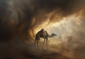 Surreal portraits of desert animals such as camels, scorpions, or vultures, set against a backdrop of vast, desolate landscapes bathed in twilight hues, with surreal elements like swirling sandstorms  - obrazy, fototapety, plakaty