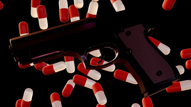 3d animation of drugs capsule and gun on the black background