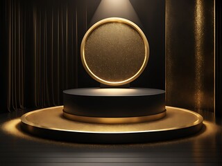  The product stage is on a black podium with a golden glitter backdrop and a spotlight design. 