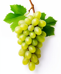 Obraz premium Green grape bunch with leaves isolated on white background